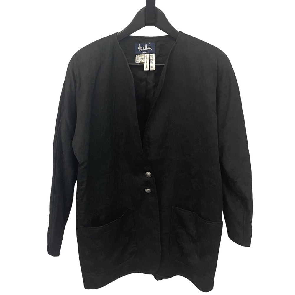 Jean Muir Studio Vintage Black Textured V Neck Button Blazer Jacket‎ Womens US 6